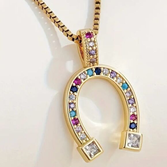 Multicolored Cubic Zirconia Horseshoe Pendant Necklace NWT - Picture 2 of 8